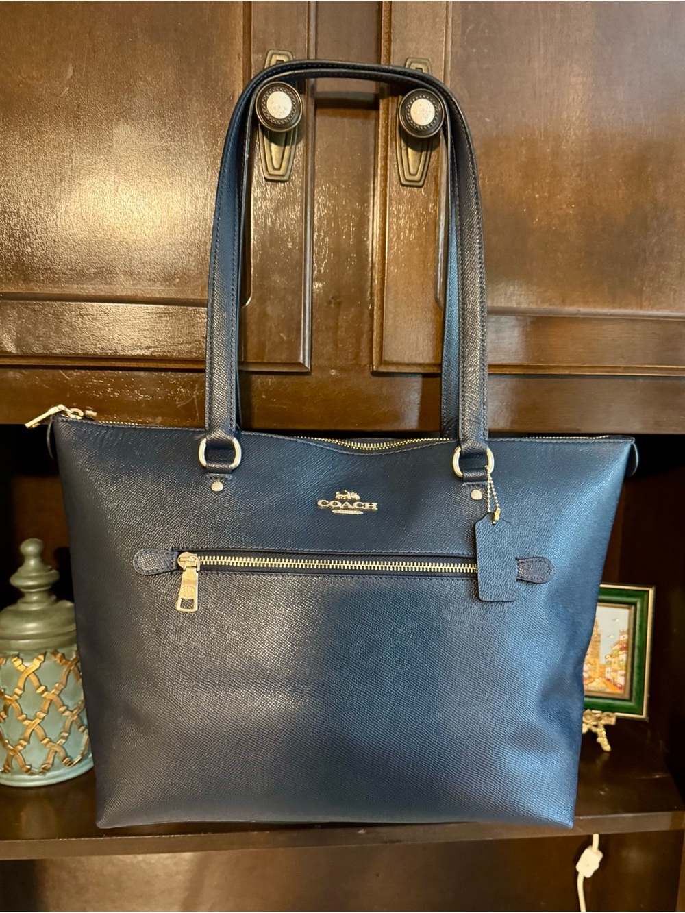 Coach Navy Saffiano Leather Zip-Top Tote with Gold Hardware
